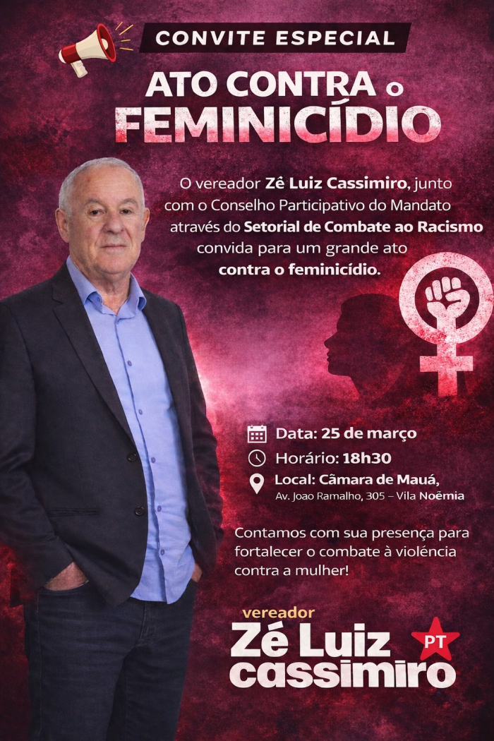 Vereador Zé Luiz Cassimiro promove ato contra o feminicídio em Mauá