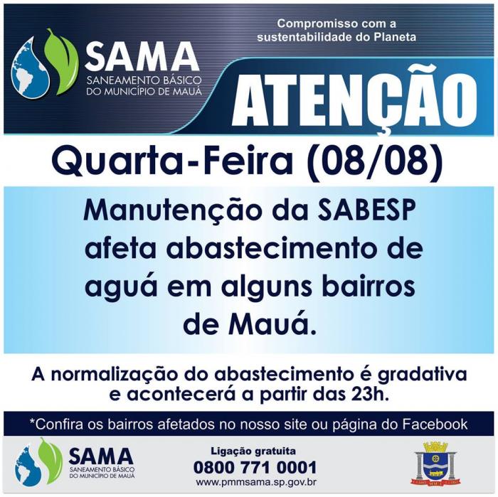Manutenção afeta abastecimento de água em Mauá na quarta-feira (8)
