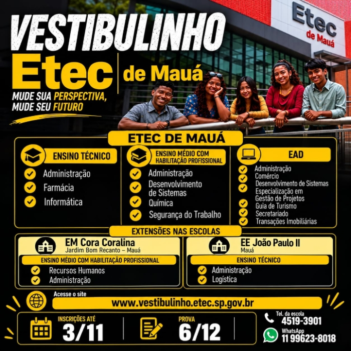 Inscrições abertas para o Vestibulinho da Etec de Mauá: uma oportunidade de transformação e inserção no mercado de trabalho