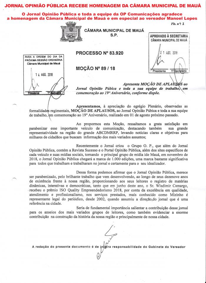 Jornal Opinião Pública recebe homenagem da Câmara Municipal de Mauá