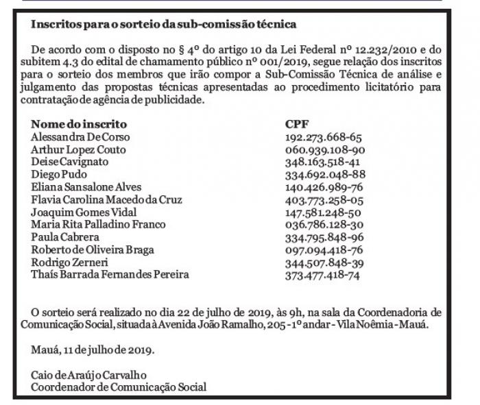 ERRATA: Inscritos para o sorteio da sub-comissão técnica