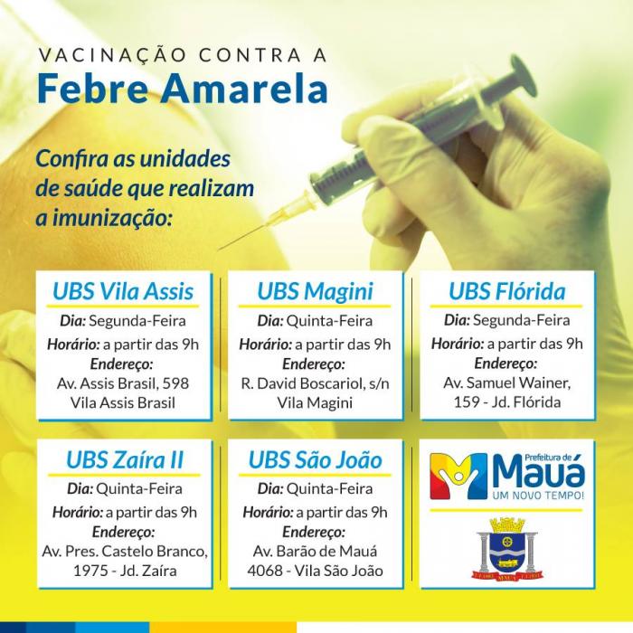 Confira os locais de vacinação contra febre amarela em Mauá