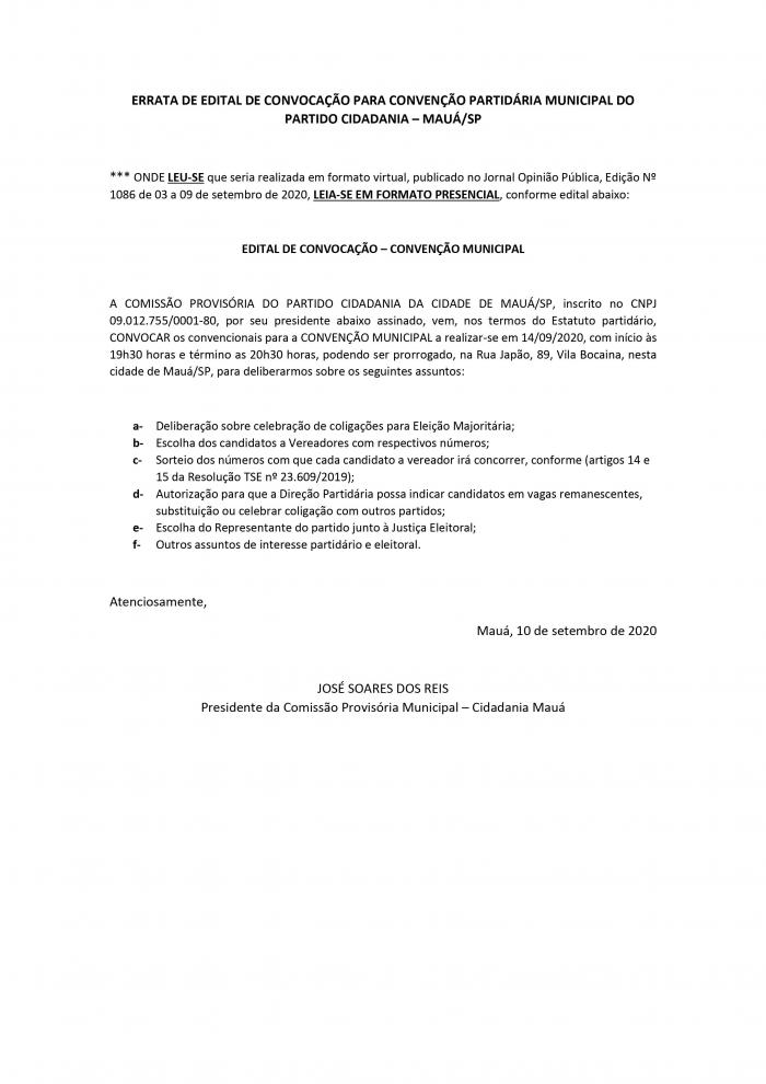 ERRATA DE EDITAL DE CONVOCAÇÃO DA CONVENÇÃO DO PARTIDO CIDADANIA DE MAUÁ