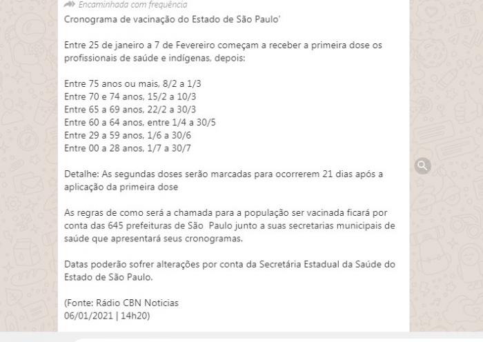 Mensagem compartilhada com suposto cronograma de vacinação contra a Covid-19 é falsa