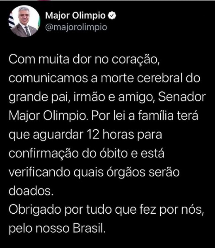 Morre o senador Major Olímpio após complicações da Covid-19