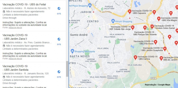 Google expande recurso que mostra locais de vacinação contra Covid-19 para mais 36 cidades, entre elas Mauá