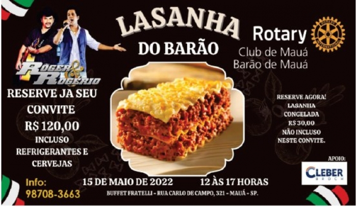 Rotary Clube Barão de Mauá realizará segunda edição do evento “Lasanha do Barão” no próximo mês